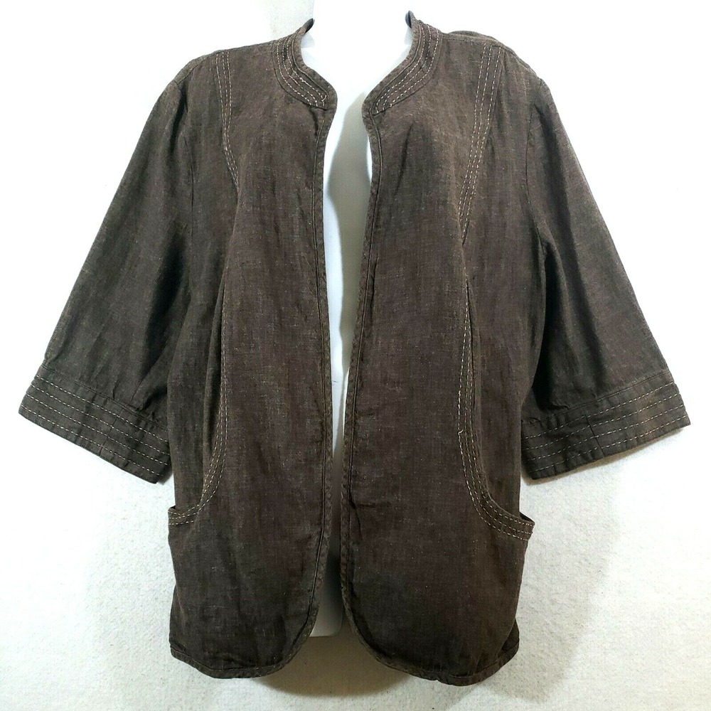 Maggie Barnes Jacket Women's 1X 18/20W Brown Linen Cotton 3/4 Sleeve Pockets